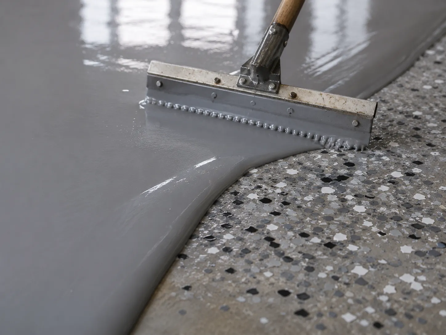 Squeegee pulling glossy self-leveling epoxy across diamond-ground concrete