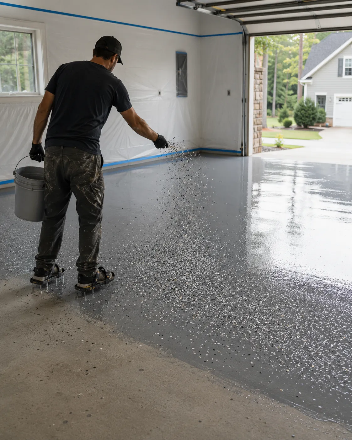 Worker broadcasting decorative flakes onto wet gray epoxy in a two-car garage