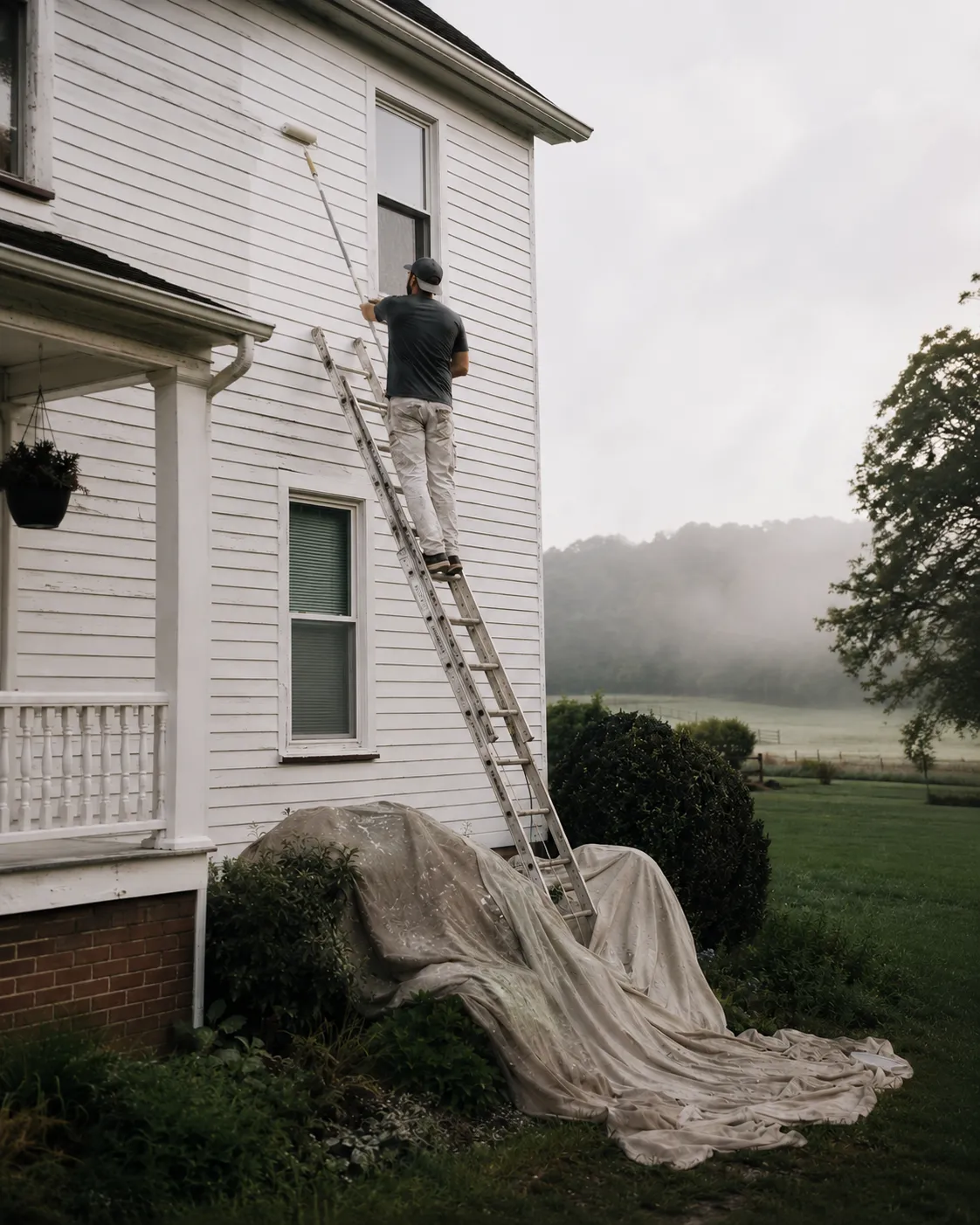 RC Painting crew member on an extension ladder rolling fresh white paint onto a two-story Kentucky farmhouse