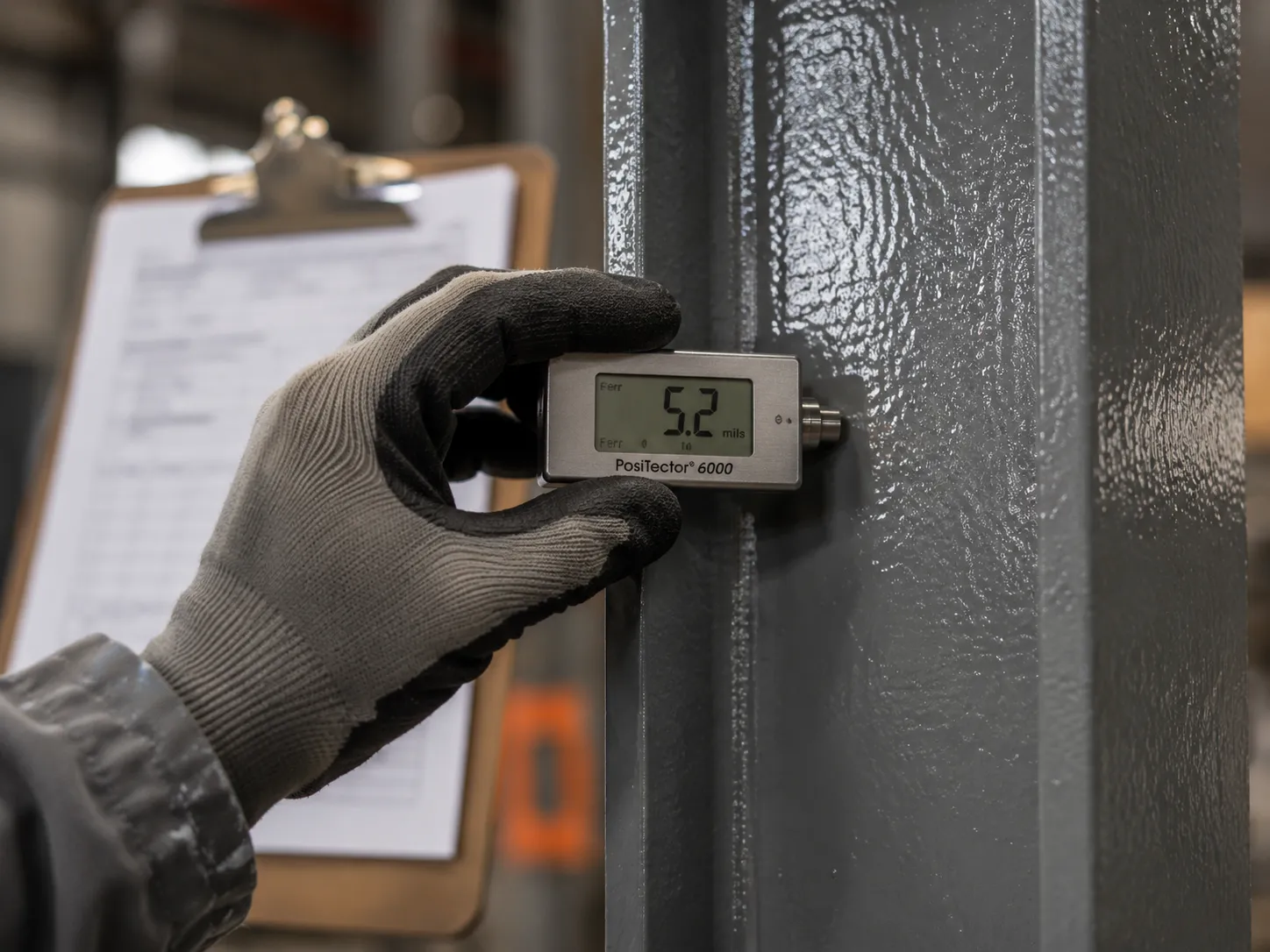 Mil-thickness gauge held against freshly coated gray steel