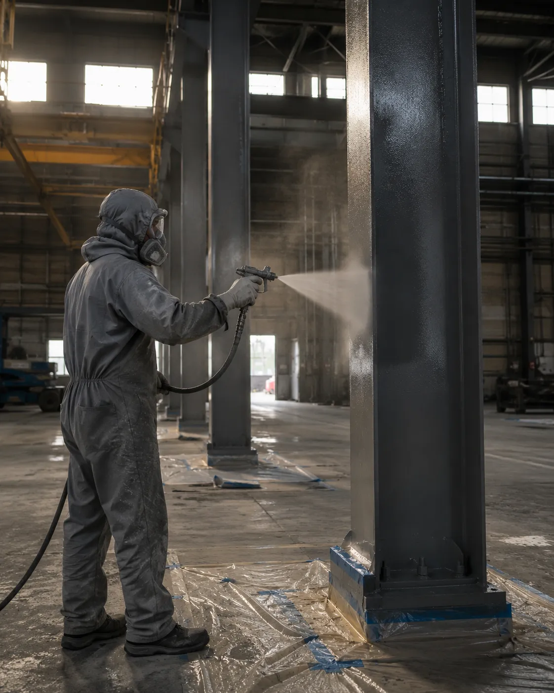 Applicator in respirator spray-coating structural steel columns inside a warehouse