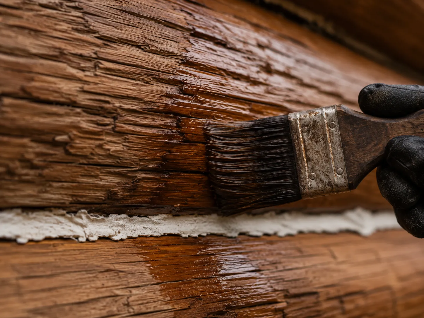 Close-up of penetrating stain soaking into log wood grain along a chinking line