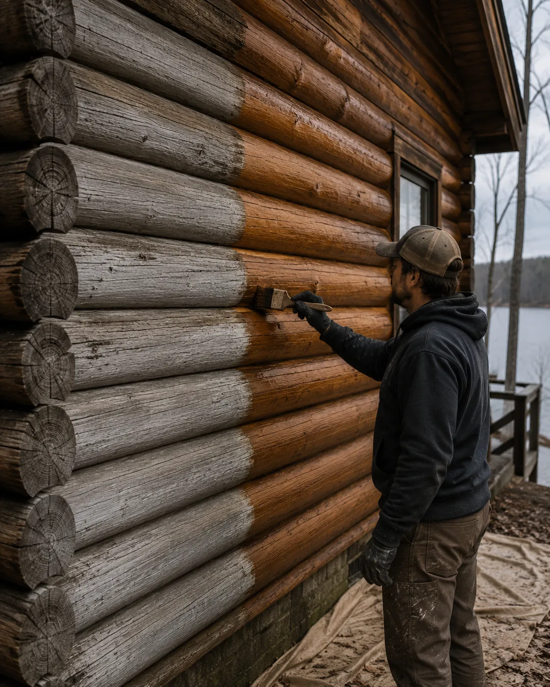 Painter brushing honey-amber stain onto a log cabin wall, half restored and half weathered gray