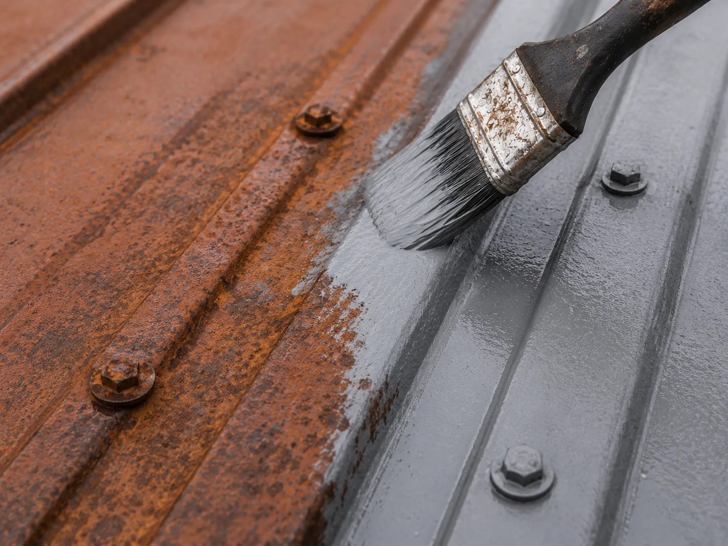 Close-up of a metal roof seam with rust-converting primer over corroded fasteners