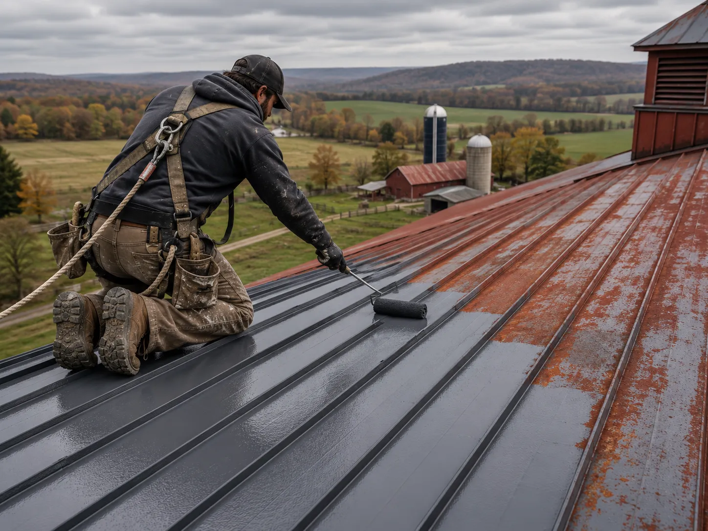 Worker coating a standing-seam metal barn roof, fresh charcoal panels against faded rusty ones