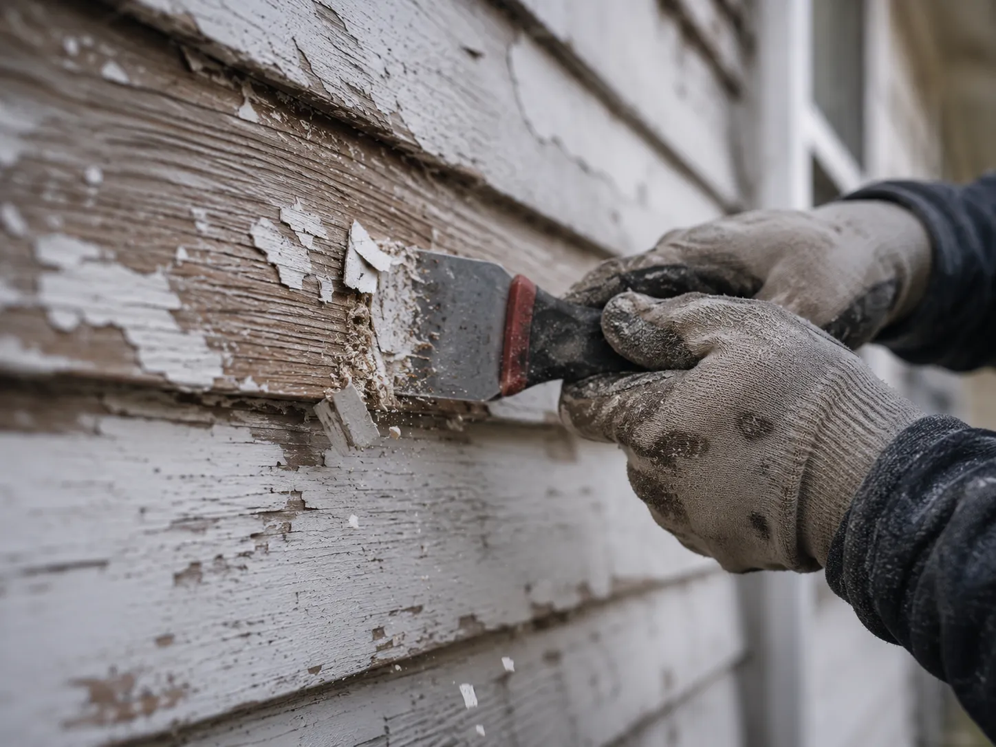 Close-up of hands scraping failed paint from weathered wood siding, exposing bare grain