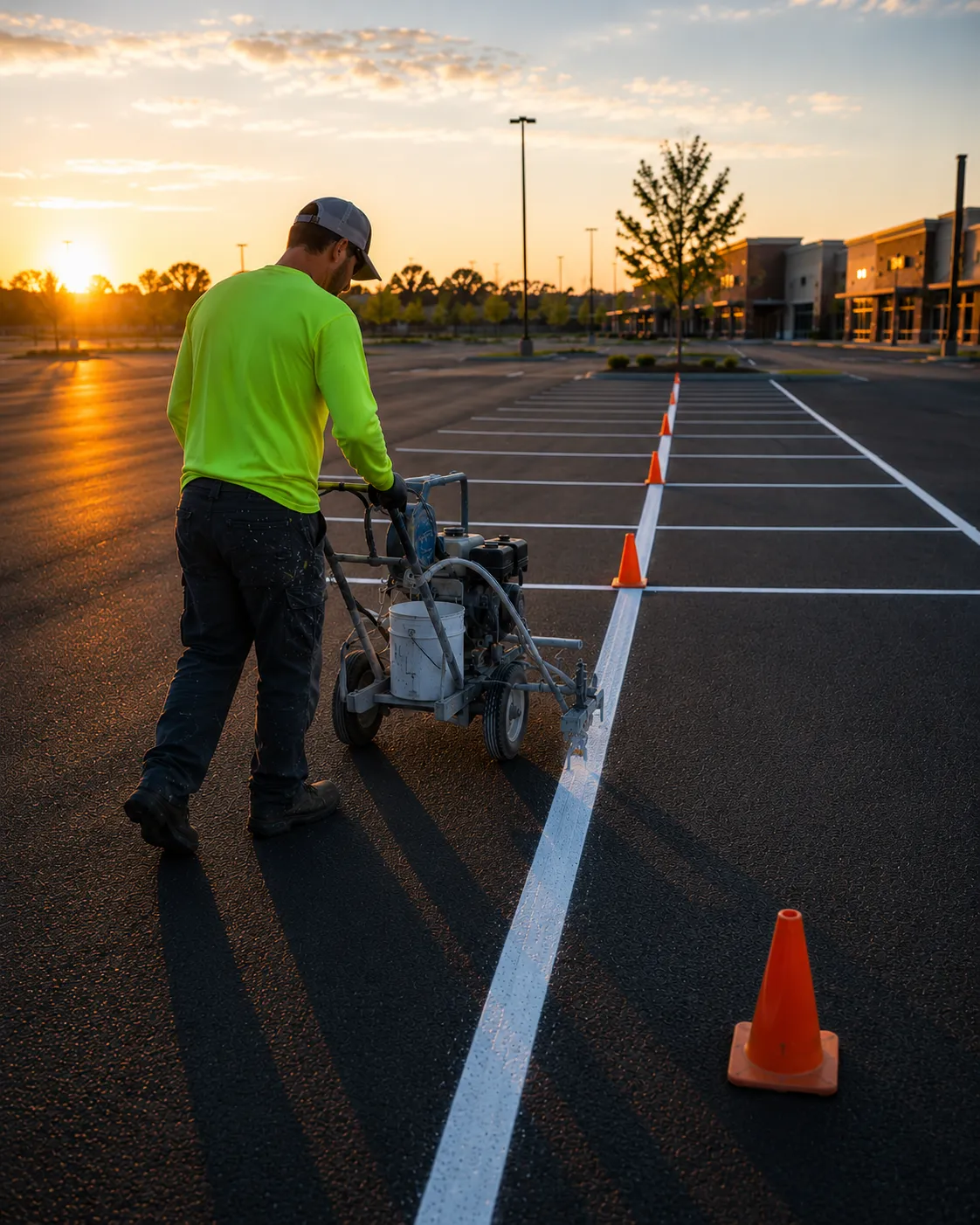 Worker guiding a line striping machine laying a straight white line on fresh asphalt at dawn